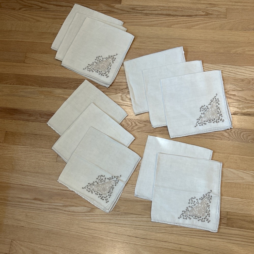 Vintage Madeira Linen Dinner Napkins Set 11 Taupe Embroidered Needle Lace XL
